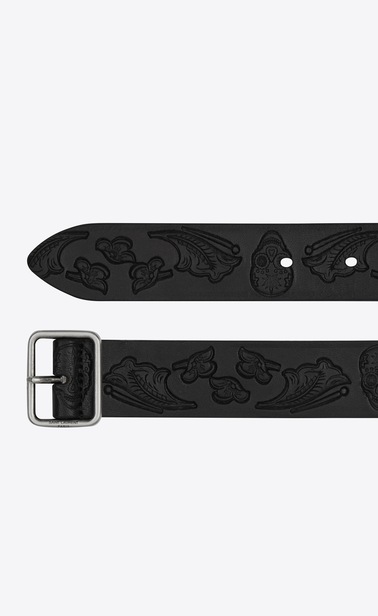Belt with porthole buckle in leather embossed with calavera motif